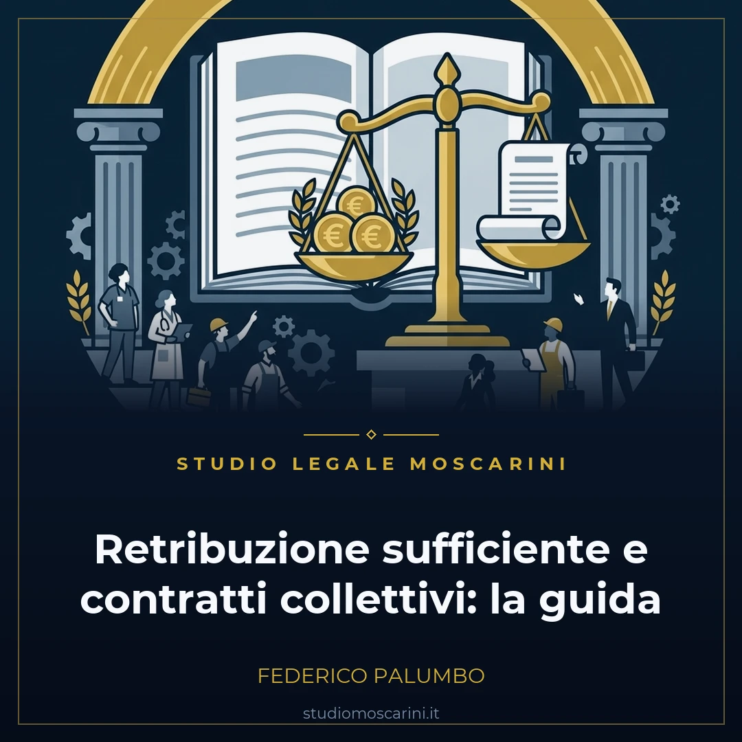 Grafica vettoriale rappresentante la retribuzione sufficiente ex art 36 della Costituzione con Costituzione Italiana, bilancia della giustizia e monete dorate.