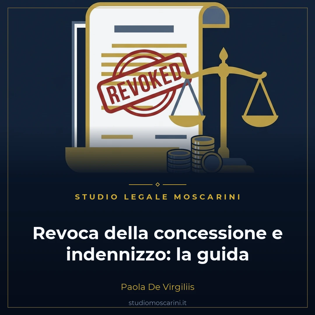 Grafica vettoriale rappresentante la revoca della concessione amministrativa e l'indennizzo ex art 21-quinquies L 241/90 con contratti pubblici e bilancia d'oro.