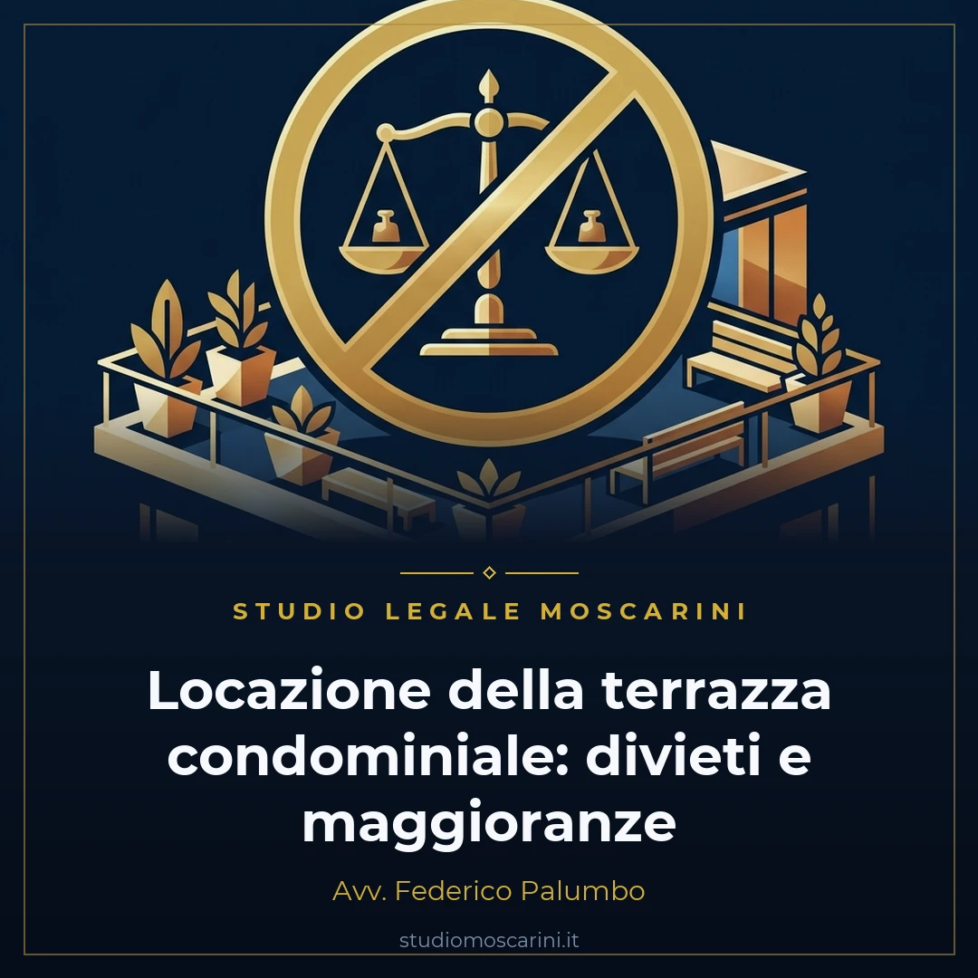 Illustrazione concettuale sulla locazione della terrazza condominiale con edificio residenziale e cartello di divieto uso esclusivo