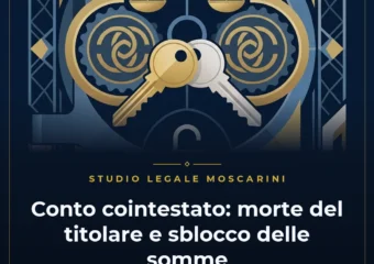 Illustrazione concettuale su sfondo navy con conto corrente bancario, firma disgiunta e bilancia dei diritti successori