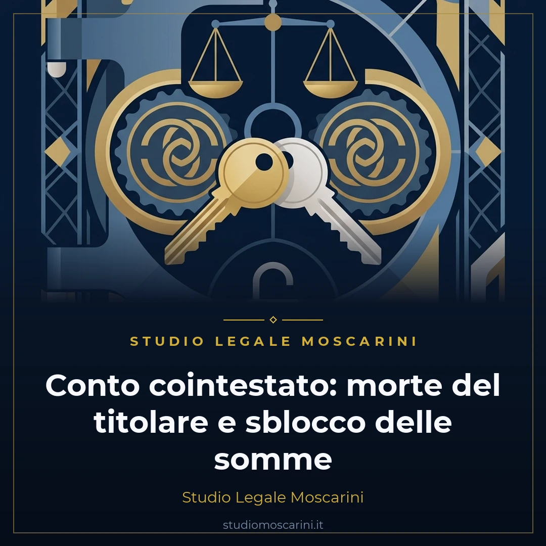 Illustrazione concettuale su sfondo navy con conto corrente bancario, firma disgiunta e bilancia dei diritti successori
