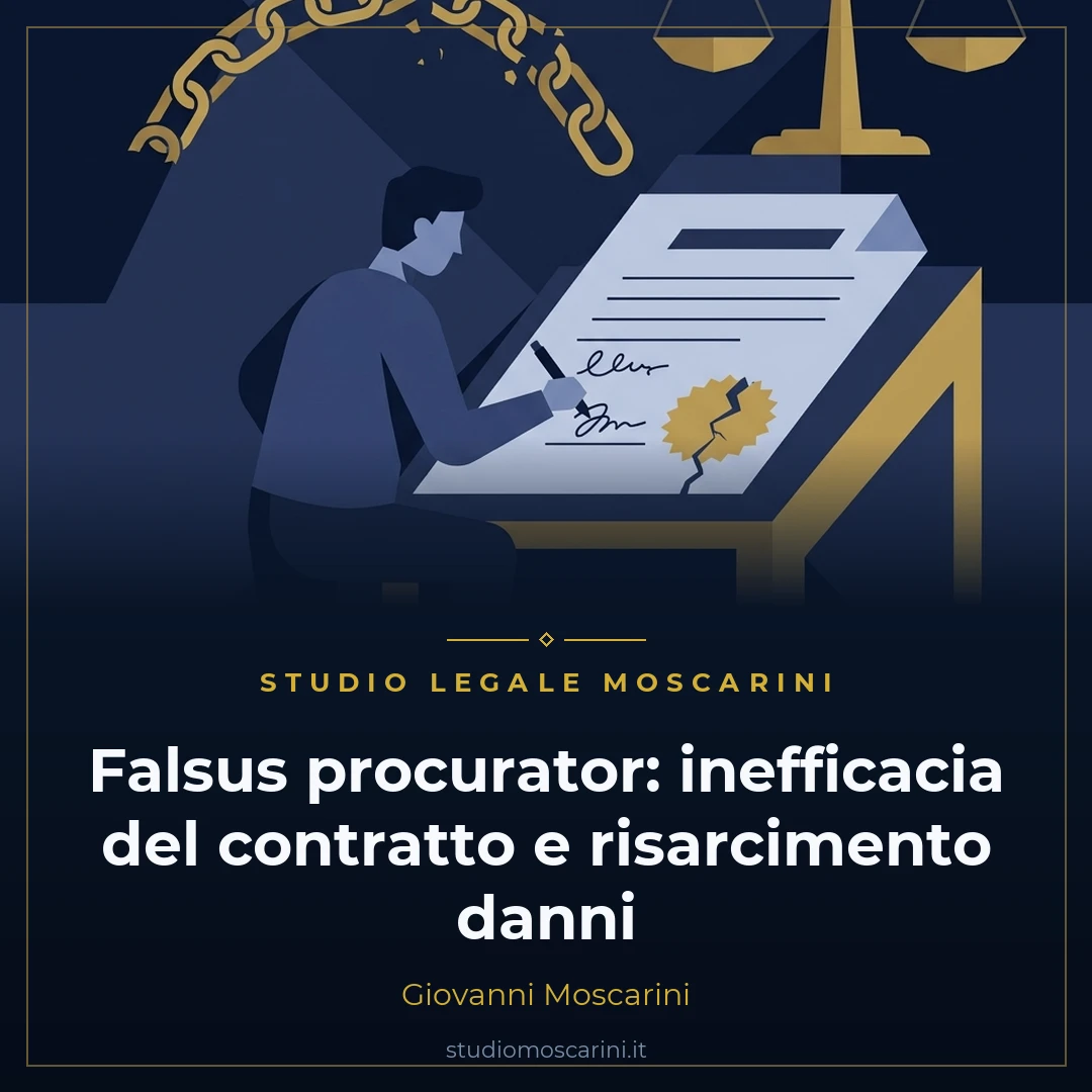 Illustrazione concettuale sulla rappresentanza senza potere e responsabilità del falsus procurator ex art 1398 cc per Studio Legale Moscarini