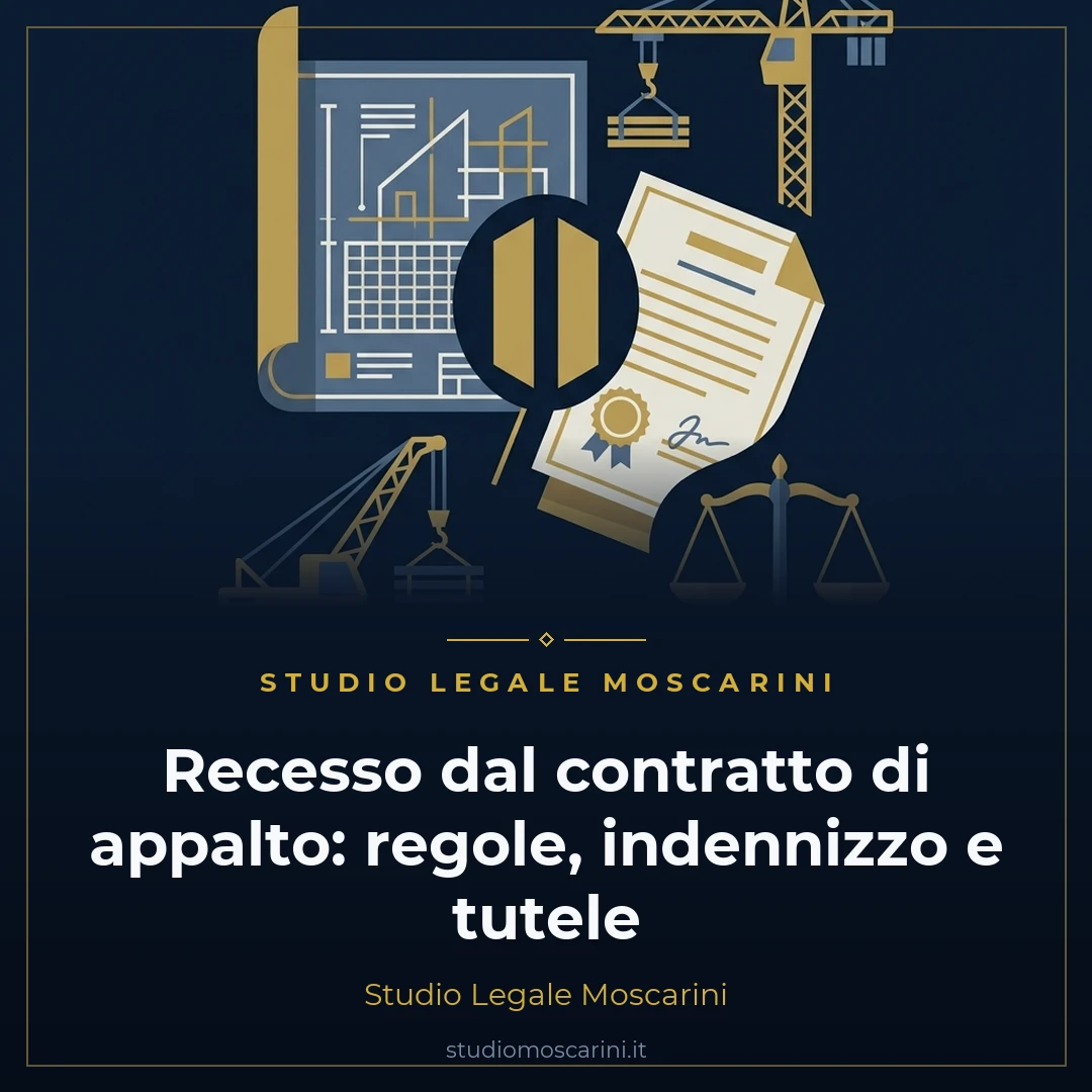 Illustrazione concettuale sul recesso dal contratto di appalto con contratto, bilancia e cantiere edile