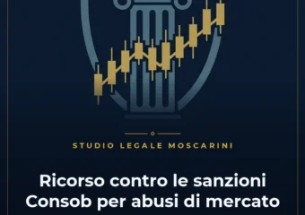 Illustrazione concettuale del ricorso contro le sanzioni Consob con scudo difensivo, colonna della giustizia e grafico finanziario