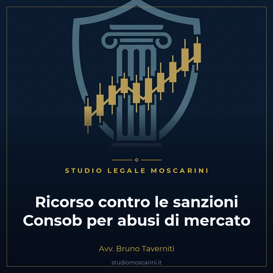 Illustrazione concettuale del ricorso contro le sanzioni Consob con scudo difensivo, colonna della giustizia e grafico finanziario
