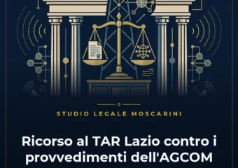 Illustrazione concettuale del ricorso al TAR Lazio contro i provvedimenti dell'AGCOM con bilancia della giustizia e reti di comunicazione