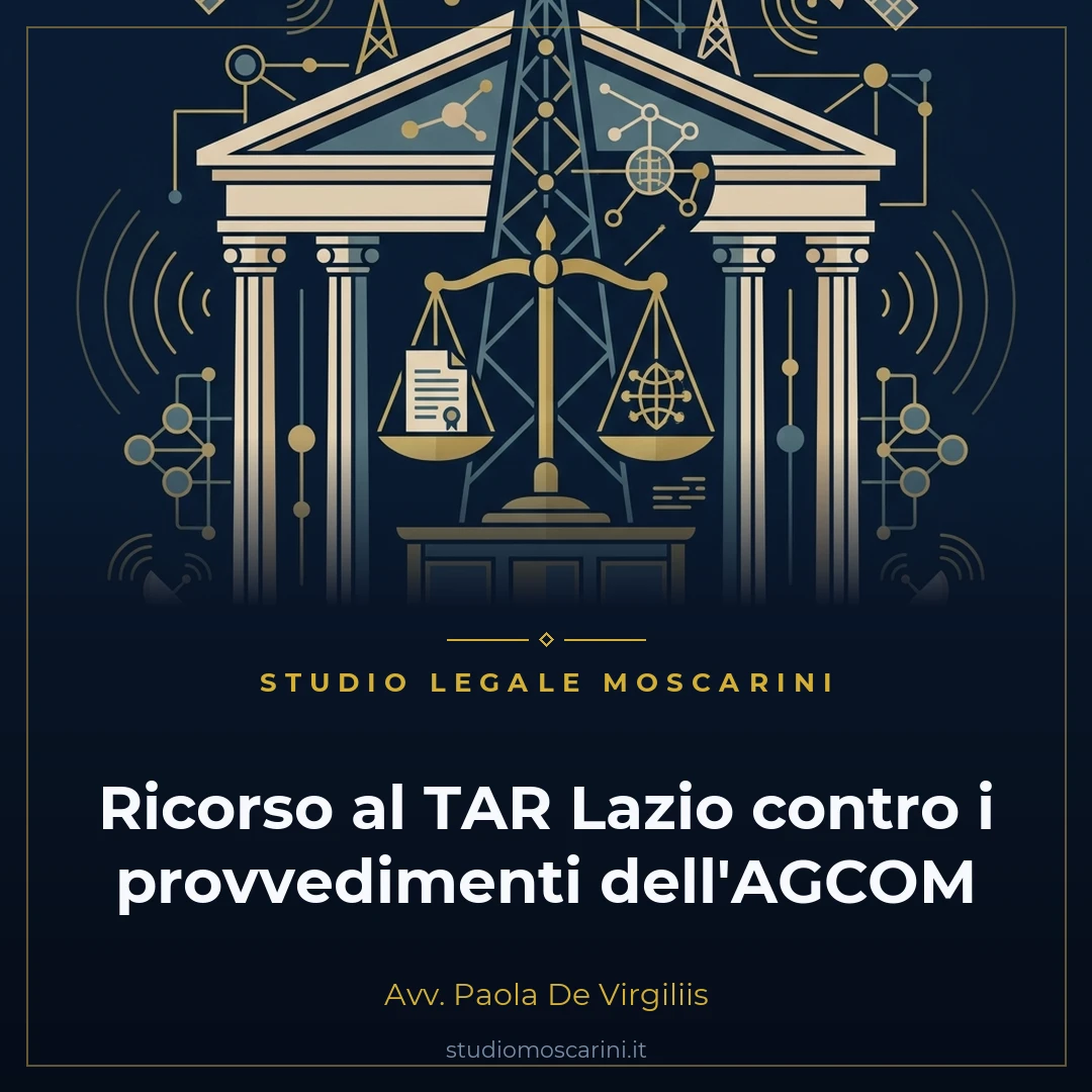 Illustrazione concettuale del ricorso al TAR Lazio contro i provvedimenti dell'AGCOM con bilancia della giustizia e reti di comunicazione