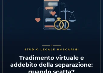 Illustrazione concettuale su tradimento virtuale e addebito della separazione con smartphone e simboli della giustizia familiare
