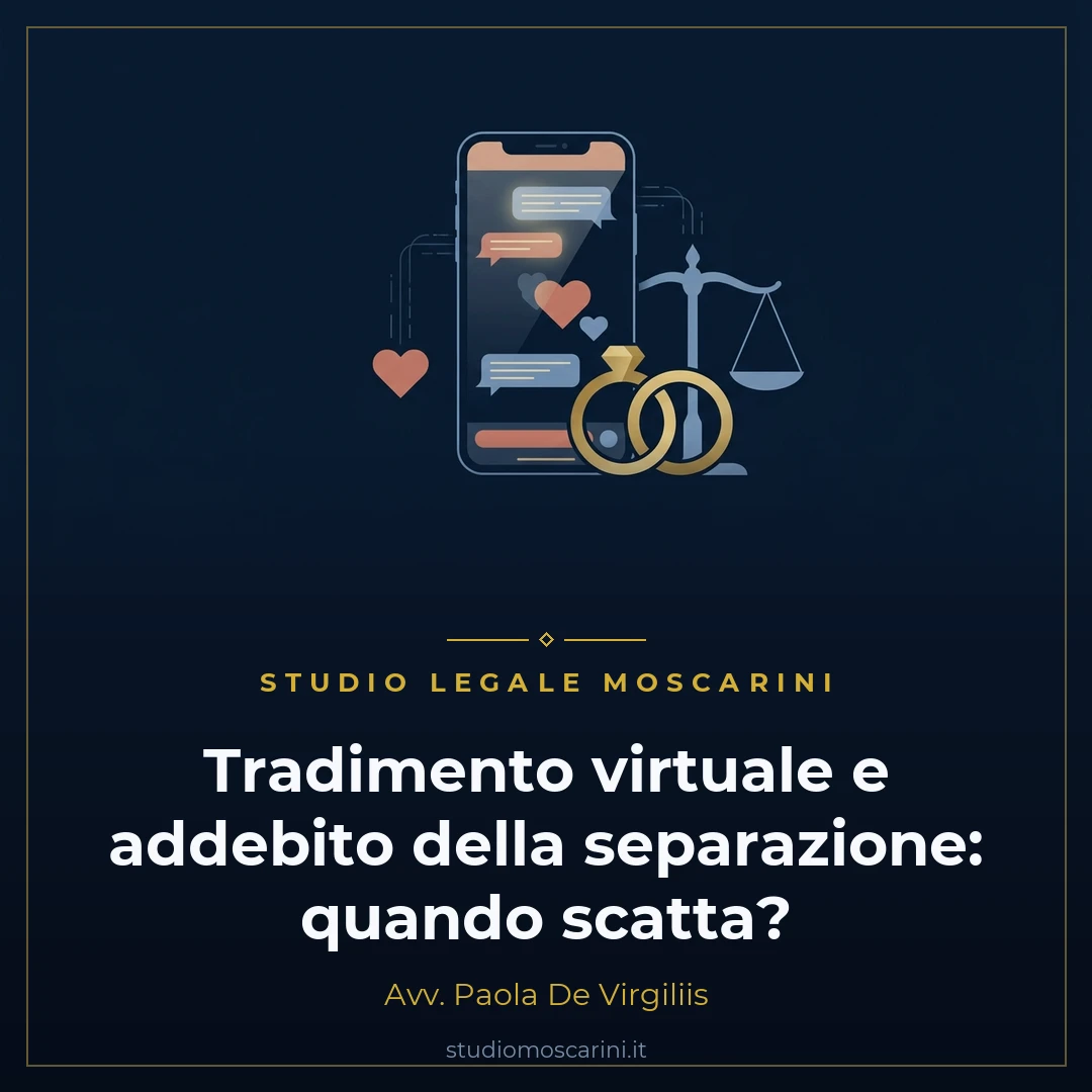 Illustrazione concettuale su tradimento virtuale e addebito della separazione con smartphone e simboli della giustizia familiare
