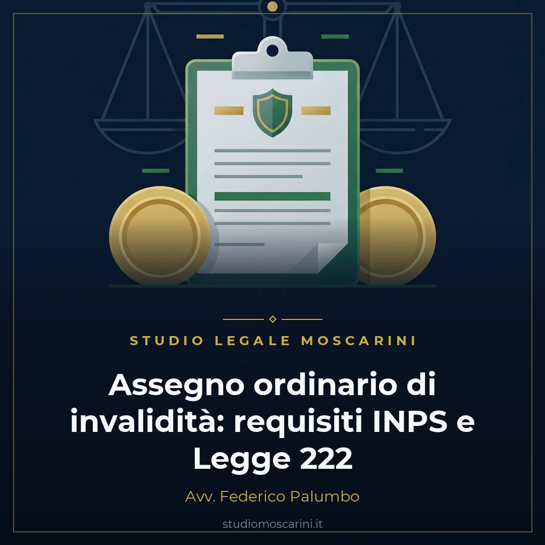 Illustrazione concettuale dell'assegno ordinario di invalidità INPS con cartella clinica, contributi e bilancia della giustizia