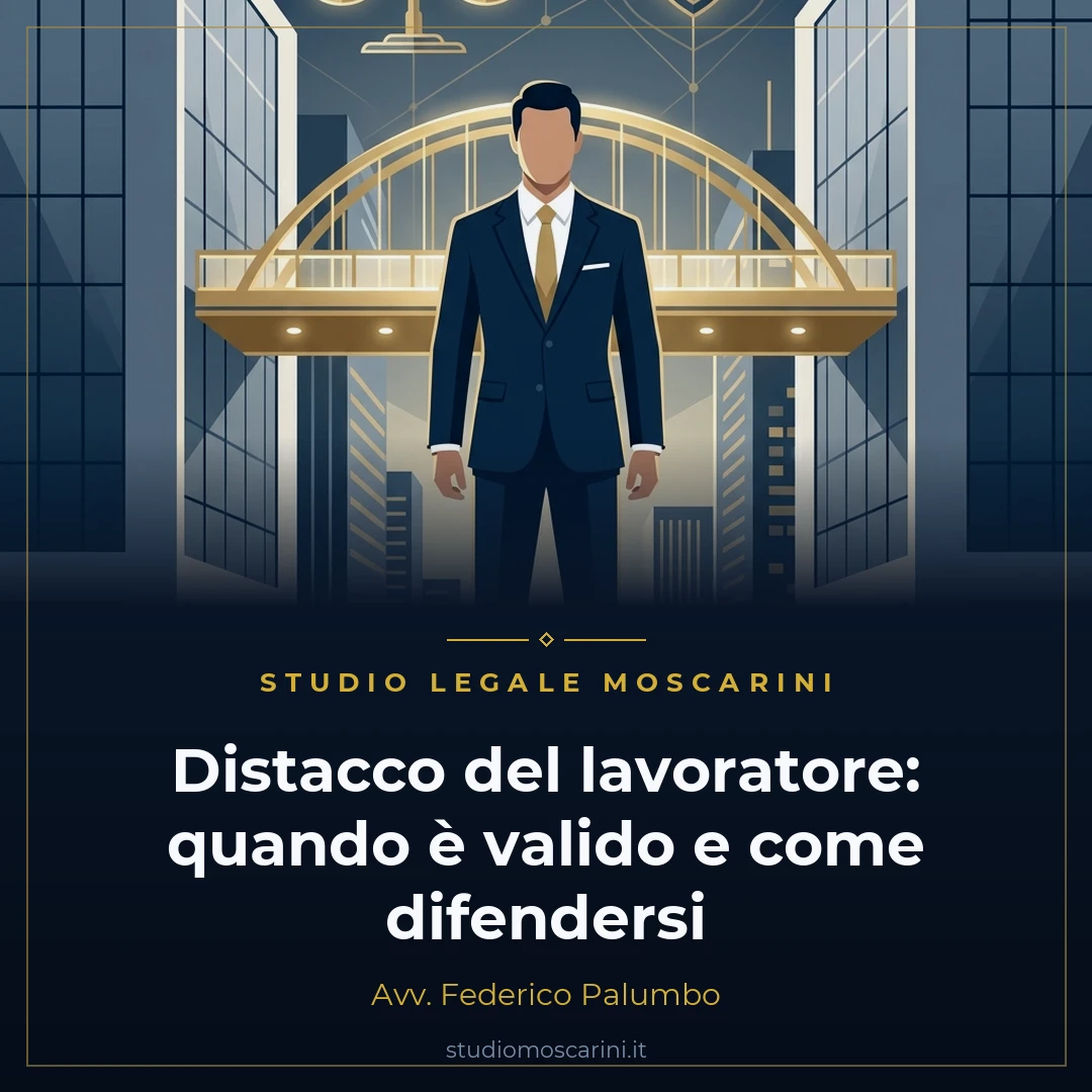 Illustrazione concettuale sul distacco del lavoratore tra datore distaccante e impresa distaccataria con bilancia della giustizia e tutele legali