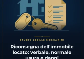Illustrazione concettuale della riconsegna di un immobile locato con chiavi, verbale di rilascio e bilancia della giustizia