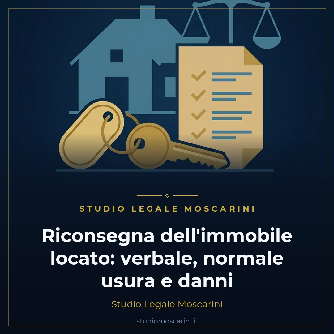 Illustrazione concettuale della riconsegna di un immobile locato con chiavi, verbale di rilascio e bilancia della giustizia