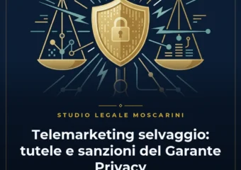 Illustrazione vettoriale flat su sfondo blu navy con scudo di protezione dati, onde telefoniche e bilancia della giustizia per la tutela contro il telemarketing selvaggio