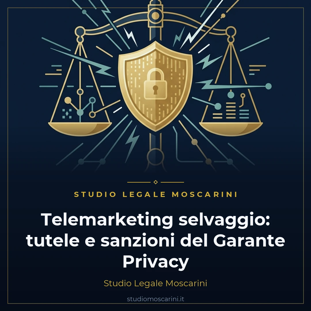 Illustrazione vettoriale flat su sfondo blu navy con scudo di protezione dati, onde telefoniche e bilancia della giustizia per la tutela contro il telemarketing selvaggio